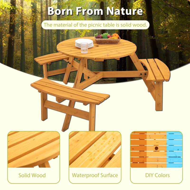Circular Outdoor Wooden Picnic Table with Built-in Benches for Patio Backyard Garden; DIY; 1720lb Capacity; Natural/Gray_voghion.com