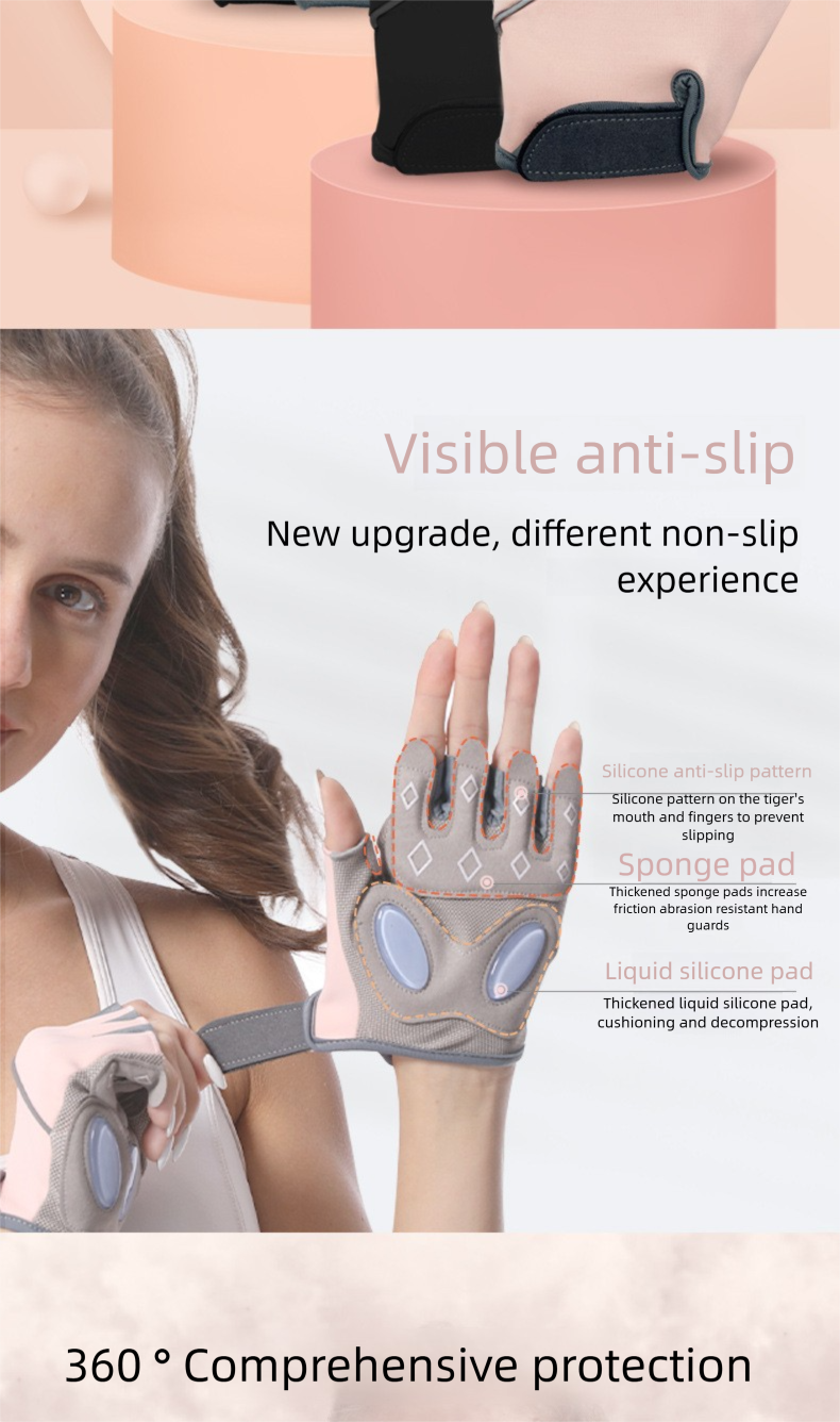 Modische Fitnesshandschuhe mit halbfingeriger, flüssigkeitssilikonbeschichteter Handflächenpolsterung für Springseil und Yoga. Atmungsaktiv und verdickt._voghion.com