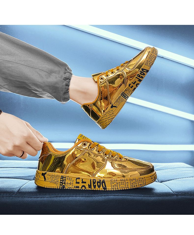 Coppia di scarpe per la primavera e l'autunno, sneakers personalizzate in vernice lucida oro magnate locale per uomo e donna, sport e tempo libero_voghion.com