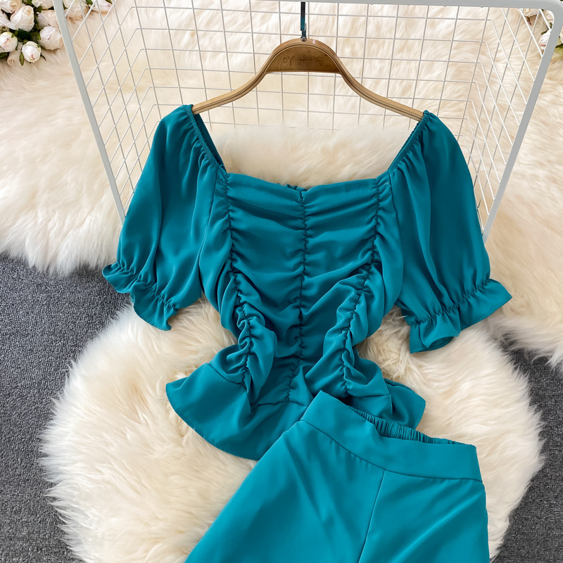 Pantalon décontracté pour femmes, taille haute, drapé, jambes larges, ensemble deux pièces, col carré, chemise courte et slim_voghion.com