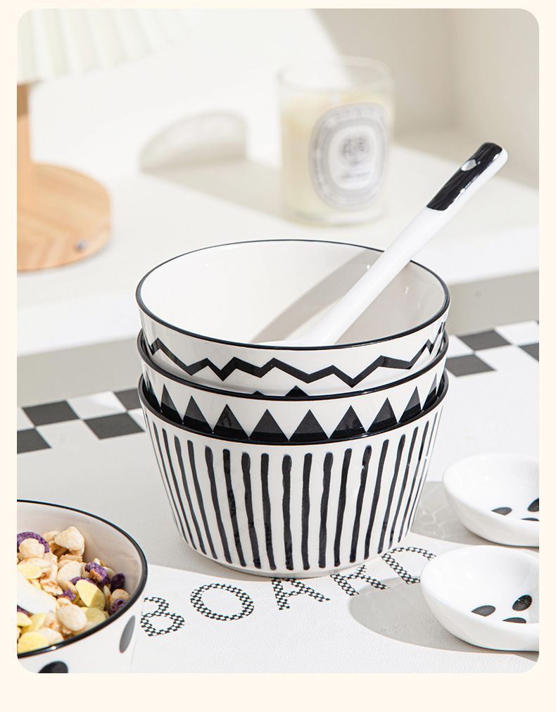 Minimalistisches Keramikschüssel-Set – 6-teilige schwarz-weiße Reisschüsseln (mikrowellen-/spülmaschinenfest) – Modernes Geschirr für Sushi und Ramen_voghion.com