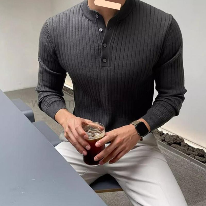 Maglione lavorato a maglia a maniche lunghe con colletto alla coreana in stile primaverile e autunnale, t-shirt slim fit versatile e alla moda, molto venduta per uomo_voghion.com