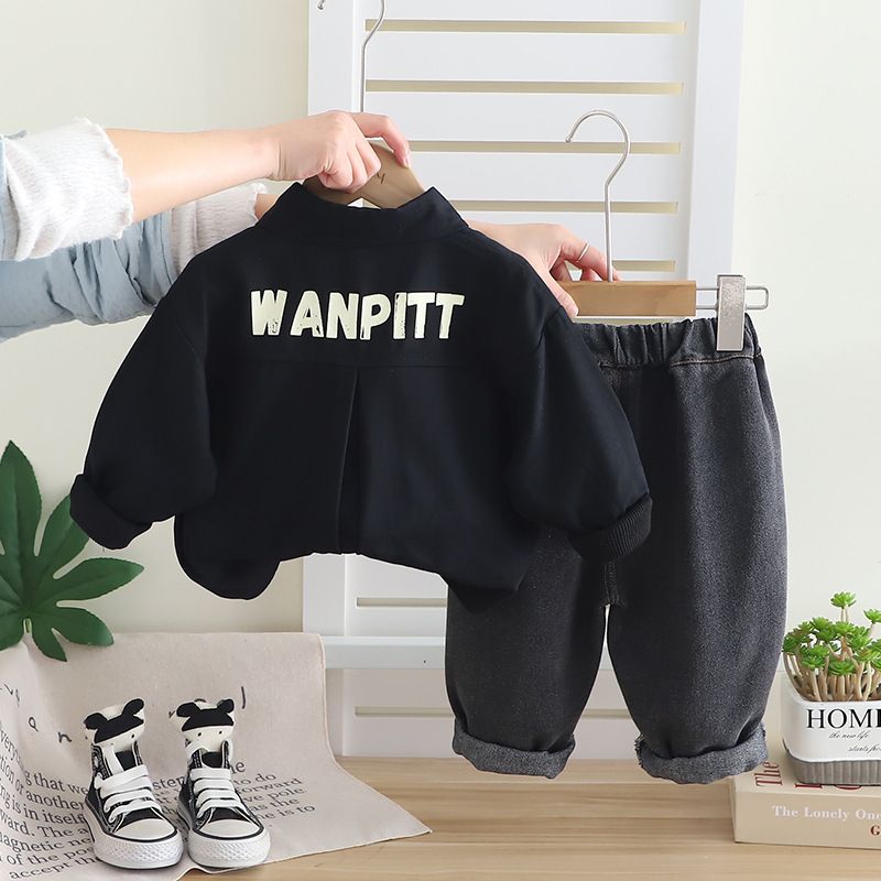 Abbigliamento per bambini primavera autunno 2025, edizione coreana, camicia casual a maniche lunghe, jeans, set da due pezzi, bello e_voghion.com
