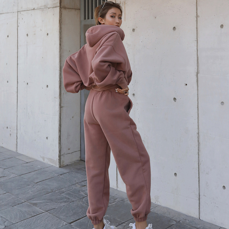 Completo da donna in due pezzi, felpa con cappuccio, pantaloni, top spessi a maniche lunghe, pullover, tasche, pantaloni a vita media, tuta sportiva_voghion.com