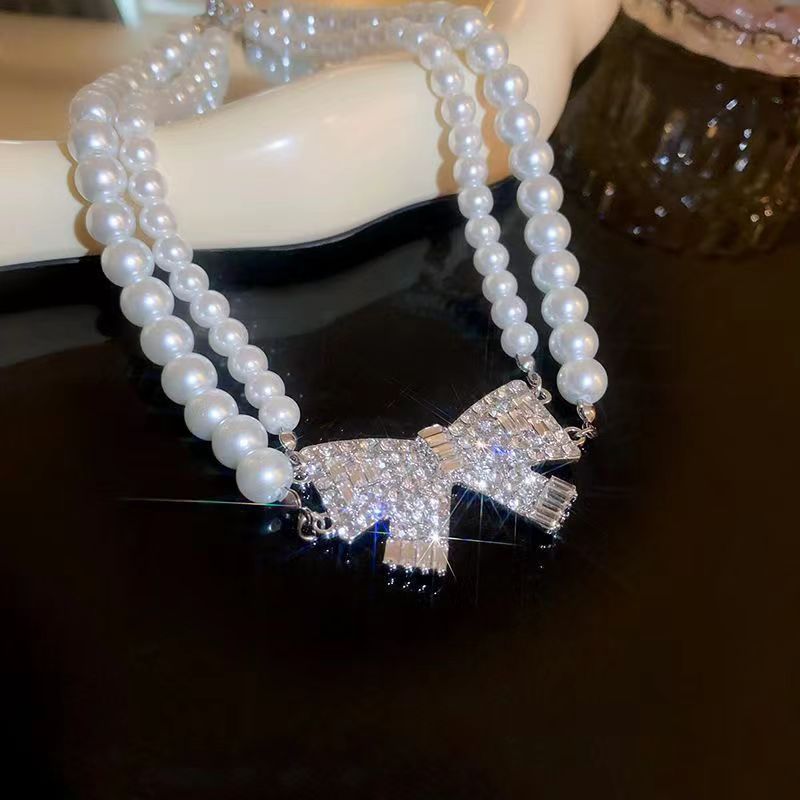 Late romance ~ flitsende diamanten strik parelketting vrouwen design gevoel stijl choker socialite ketting_voghion.com