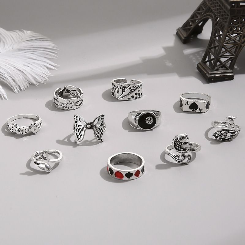 New Combination Playing Card Pattern Butterfly Number 8 Fish Snake 10 Piece Set Ring_voghion.com