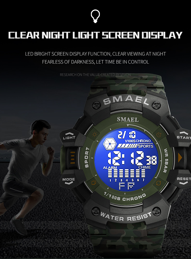 SMAEL New Large dial Personalized Trendy Camo Style Sports Multi functional Nightlight Alarm Clock Men's Watch_voghion.com