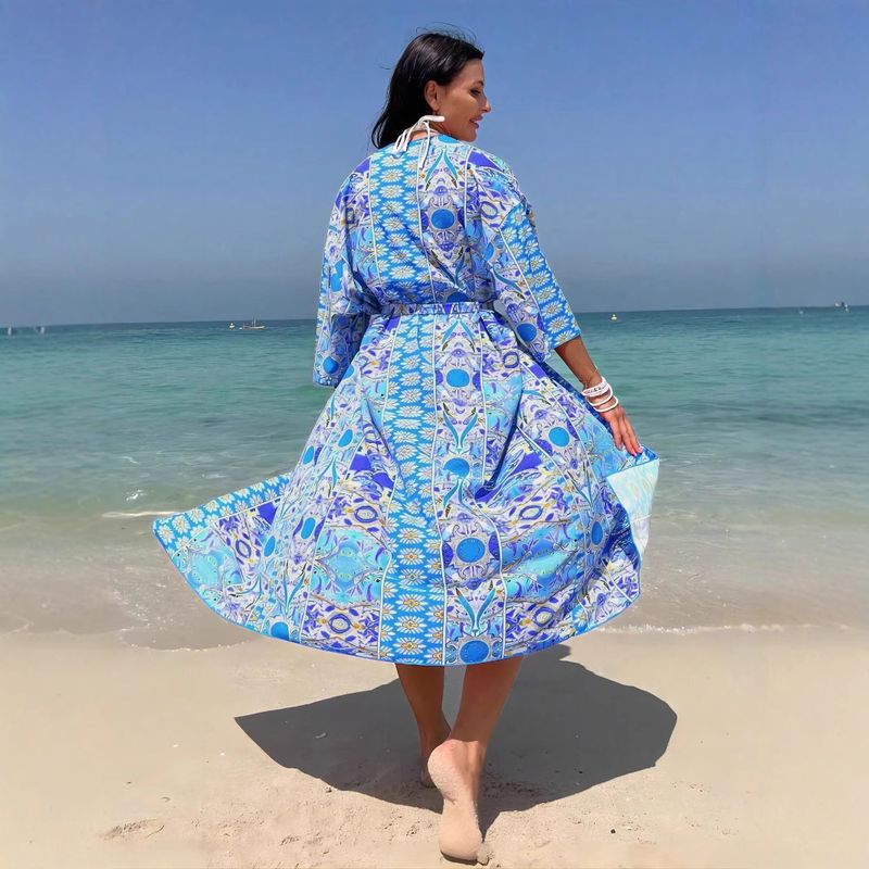 Cardigan long style français à col en V et manches larges avec nœud pour maillot de bain, robe de plage pour vacances d'été_voghion.com