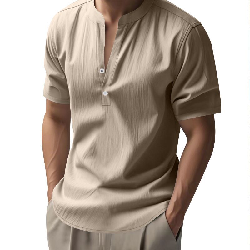 Camicia da uomo slim fit in lino, traspirante, a maniche corte, antipiega, elasticizzata, casual, tinta unita, per l'estate (bianco/nero/kaki/azzurro S-XXXL)_voghion.com