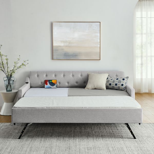 Twin Size Upholstery DayBed With Twin Size Erectable Trundle And USB Charging Design, Linen Beige_voghion.com