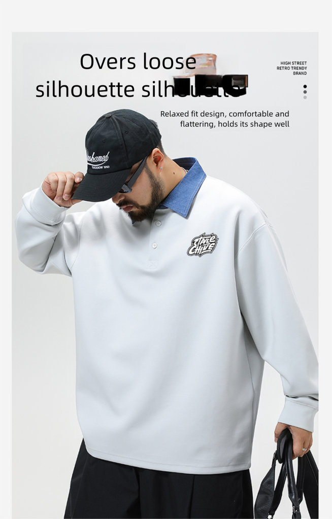 2025 Autumn New American Heavy Polo Collar Hoodie Large Men's Loose Long Sleeve Bottom Top_voghion.com