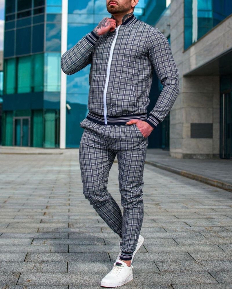 Men's Clothing Thin Plaid Fashion Zipper Jacket Trousers _voghion.com