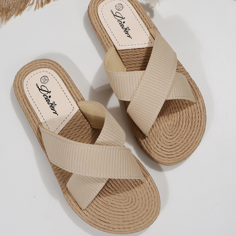 Pantoufles plates à bretelles croisées pour femmes, sandales coulissantes de plage à semelle d'espadrille d'extérieur, chaussures plates de couleur unie_voghion.com