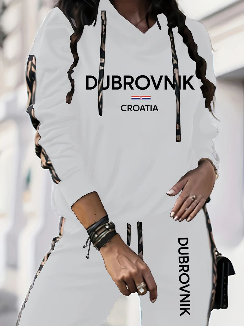 Ensemble sweat à capuche imprimé lettre pour femme, sweat-shirt à manches longues et pantalon à taille élastique_voghion.com