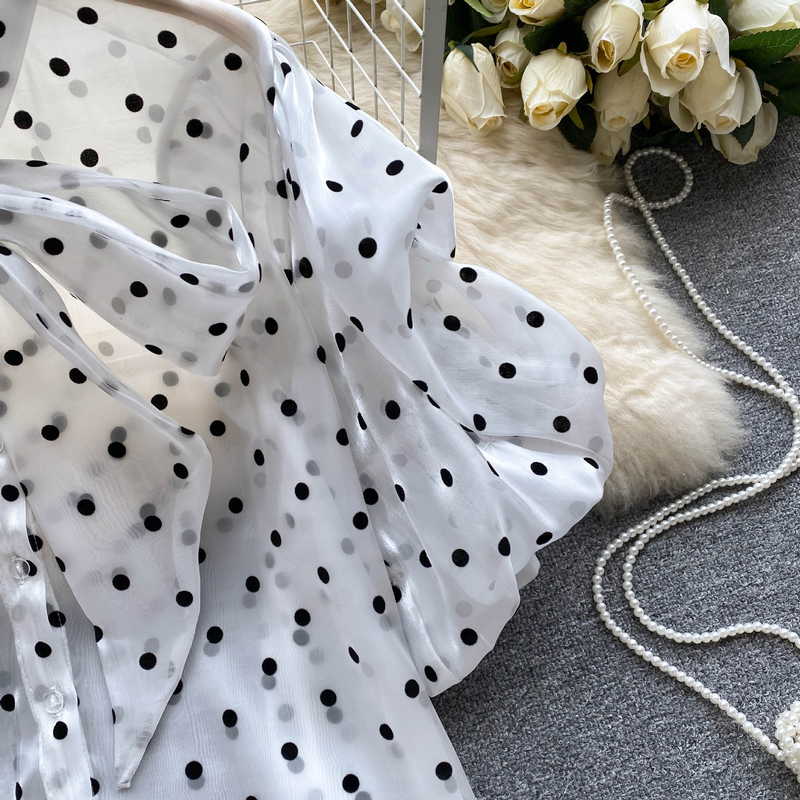 Women's puff sleeve tie bow polka dot shirt thin see-through loose slimming temperament chiffon shirt_voghion.com
