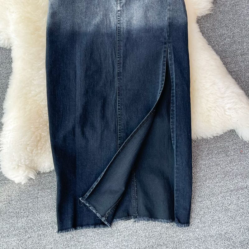 Gonna in denim da donna, lunghezza media, vita alta, spacco, gonna lunga a trapezio, gonna alla moda, completo due pezzi, top corto a vita alta_voghion.com