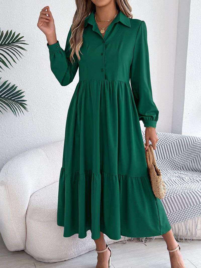 Abito camicia casual con volant e orlo a maniche lunghe, ampio e colletto rovesciato, autunno inverno 2025, moda donna_voghion.com