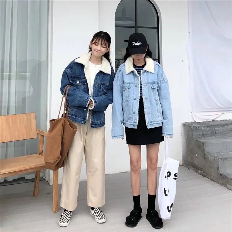 Jeansjacke, verdickter Plus-Samt-Lammwolle-Baumwollmantel, Damen-Wintermantel, lockerer BF-Kurzmantel, verdickter Denim-Baumwollmantel_voghion.com