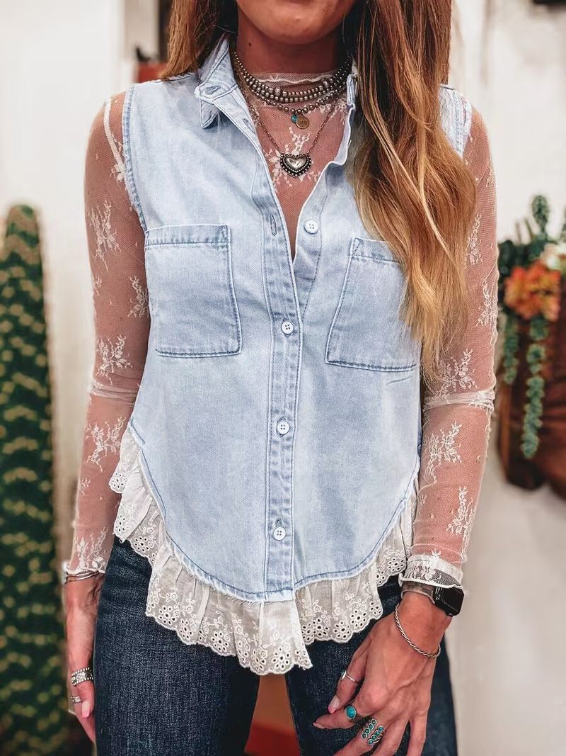 Women's Clothing Spring And Summer Lace Stitching Denim Sleeveless Top Vest_voghion.com