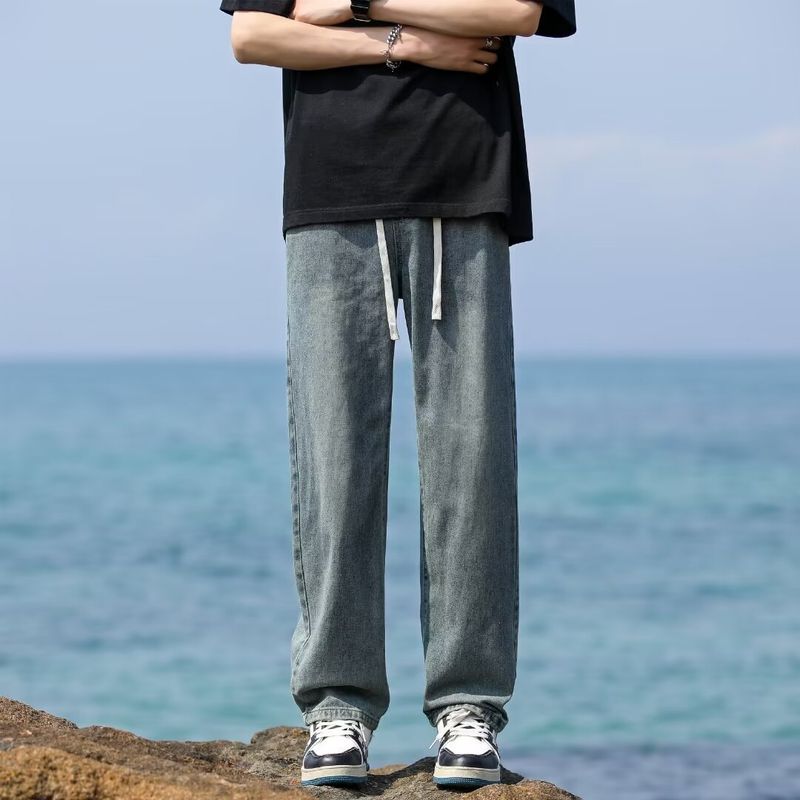 Retro jeans for men's summer versatile American wide leg casual pants with elastic waist drawstring and loose straight leg pants_voghion.com