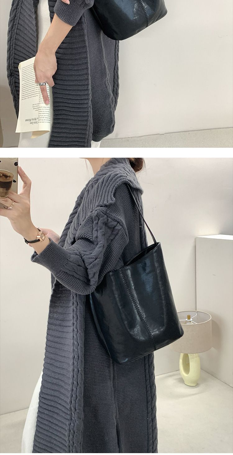 Hoofdlaag koeienhuid emmer 2024 nieuwe minimalistische stijl handgemaakte gestikte leren tas, enkele schouder crossbody tas voor_voghion.com