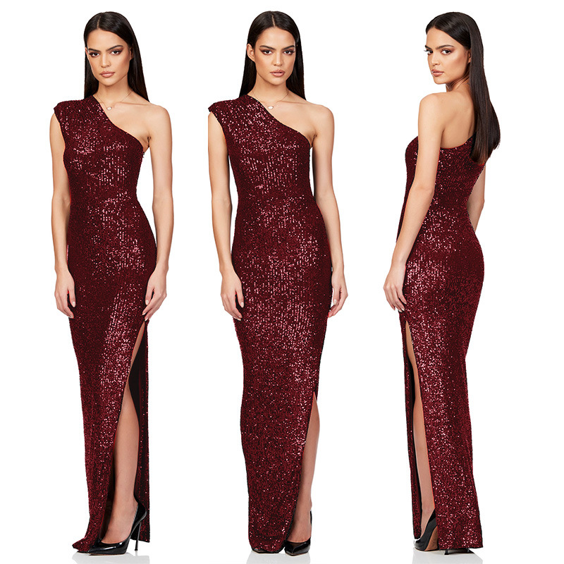 INS Sleeveless One-Shoulder Slit Sequined Long Skirt Temperament Dress Women's_voghion.com