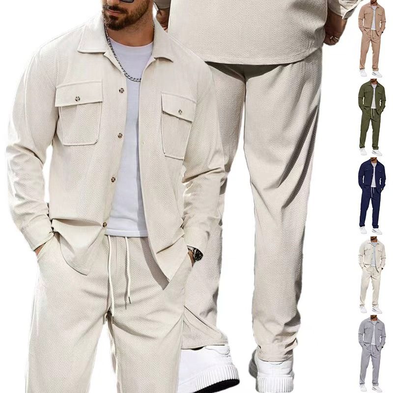 Completo sportivo casual da uomo in due pezzi con semplice giacca con risvolto, tasca con bottoni e pantaloni dritti_voghion.com
