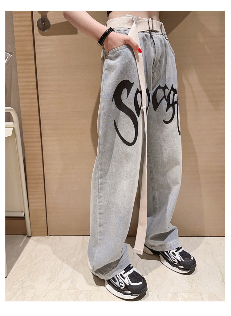 Mother&Kids Mädchen Jazz Jeans mit hoher Taille und Buchstaben-Print, lässig, locker, weites Bein, Drop Mop-Hose_voghion.com