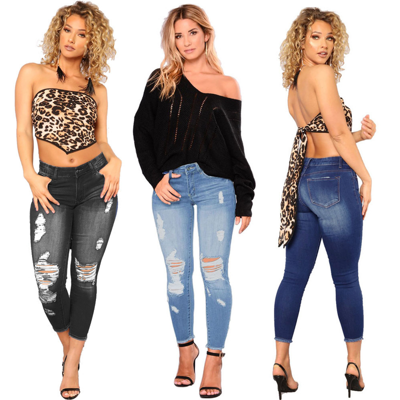 Dameklær Ny stil Ripped Denim Tight Women’s Wide Leg Style Nine Point Pants_voghion.com
