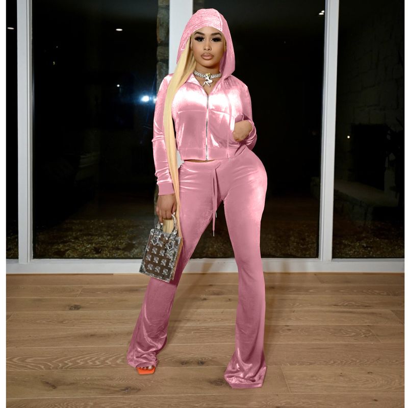 Tuta da donna in velluto con cappuccio - Completo due pezzi morbido ed elegante per autunno e inverno (rosa, grigio, nero, caffè, blu reale)_voghion.com