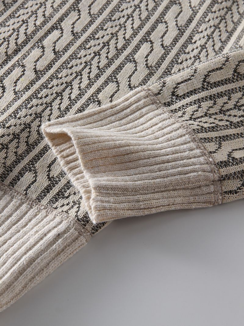 Men's Textured Knit Sweater – Slim-Fit Mock Neck Half-Zip Pullover For Winter (Cream, Elastic Polyester Fabric)_voghion.com