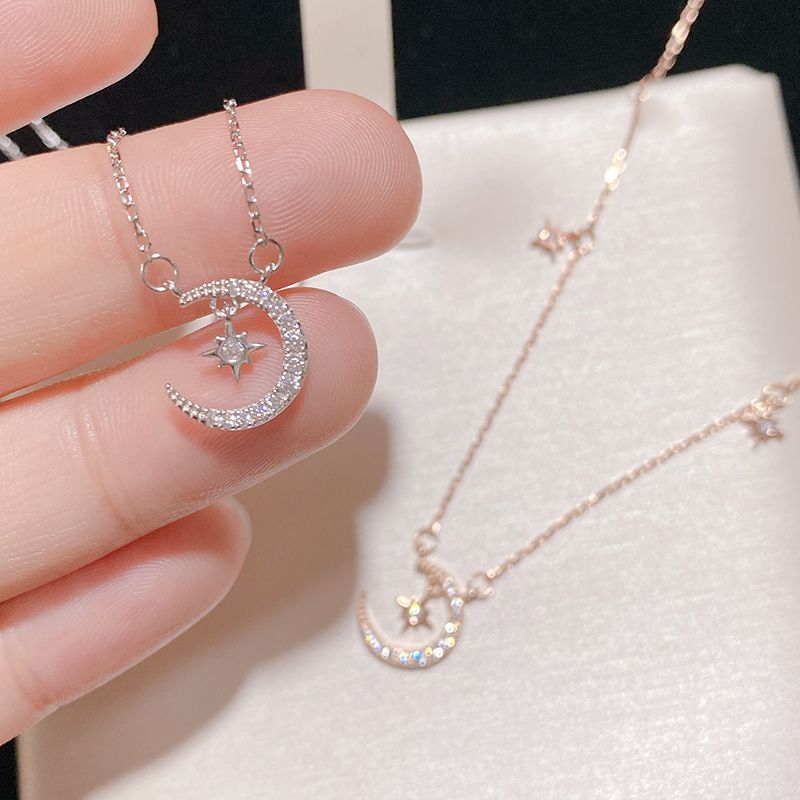Sterling Silver Star Moon Necklace For Women Summer Light Luxury Niche Design High-end Collarbone Chain 2024 New Trend_voghion.com