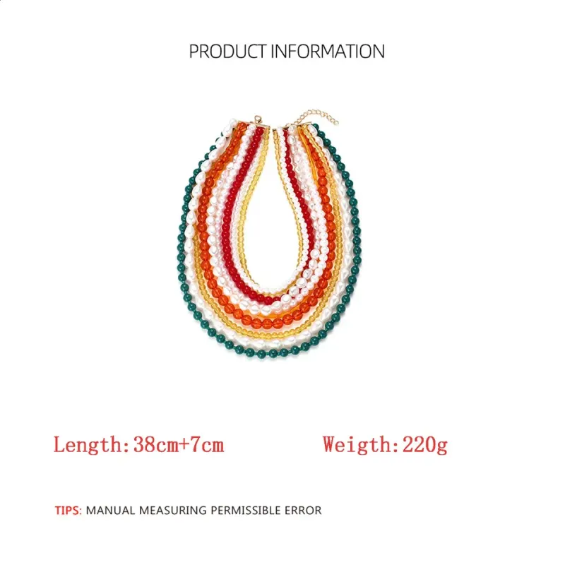 Collier ras du cou en perles multicolores pour femme, style bohème, à plusieurs rangs et pompons (réf. 240813)_voghion.com