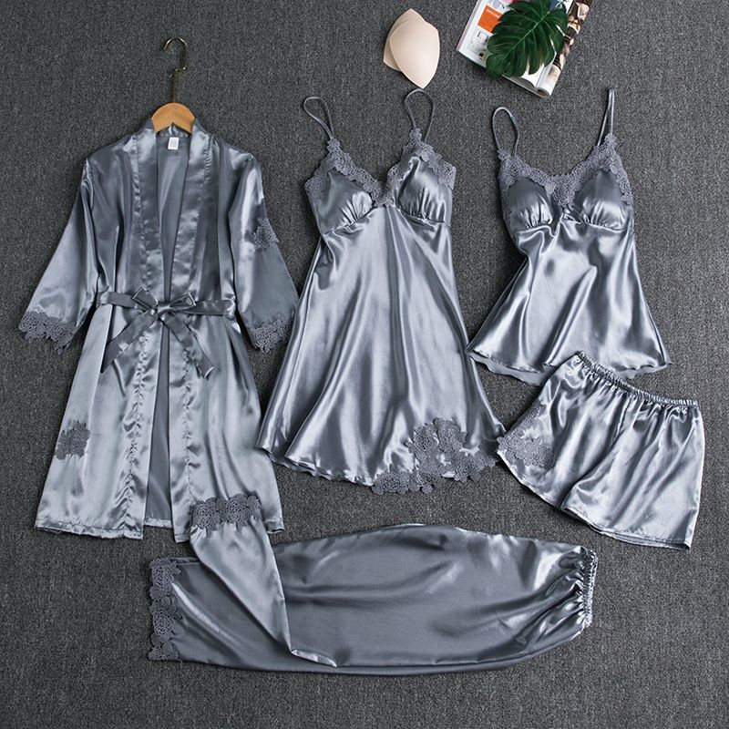 Women's Sleepwears Women Summer Ice Silk Sexy Hot Home Clothes Spring And Autumn Long Sleeve Thin Large Size Cross Border Five Piece Suit Bathrobe_voghion.com
