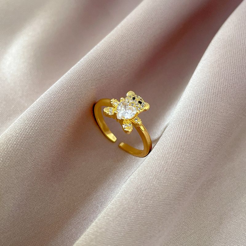 【 Real Gold 】 Diamond Set Little Bear Open for Female Japanese and Korean Minors Simple Design Sense Index Finger Ring_voghion.com