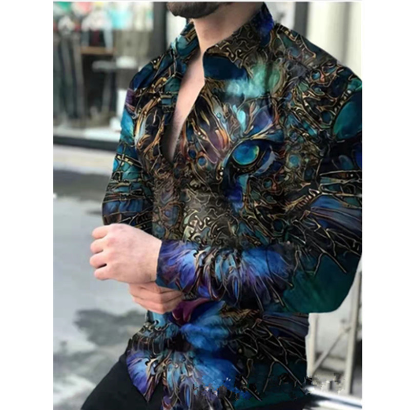 European And N Men S Cardigan Animal Print Casual Shirt Long Sleeved_voghion.com
