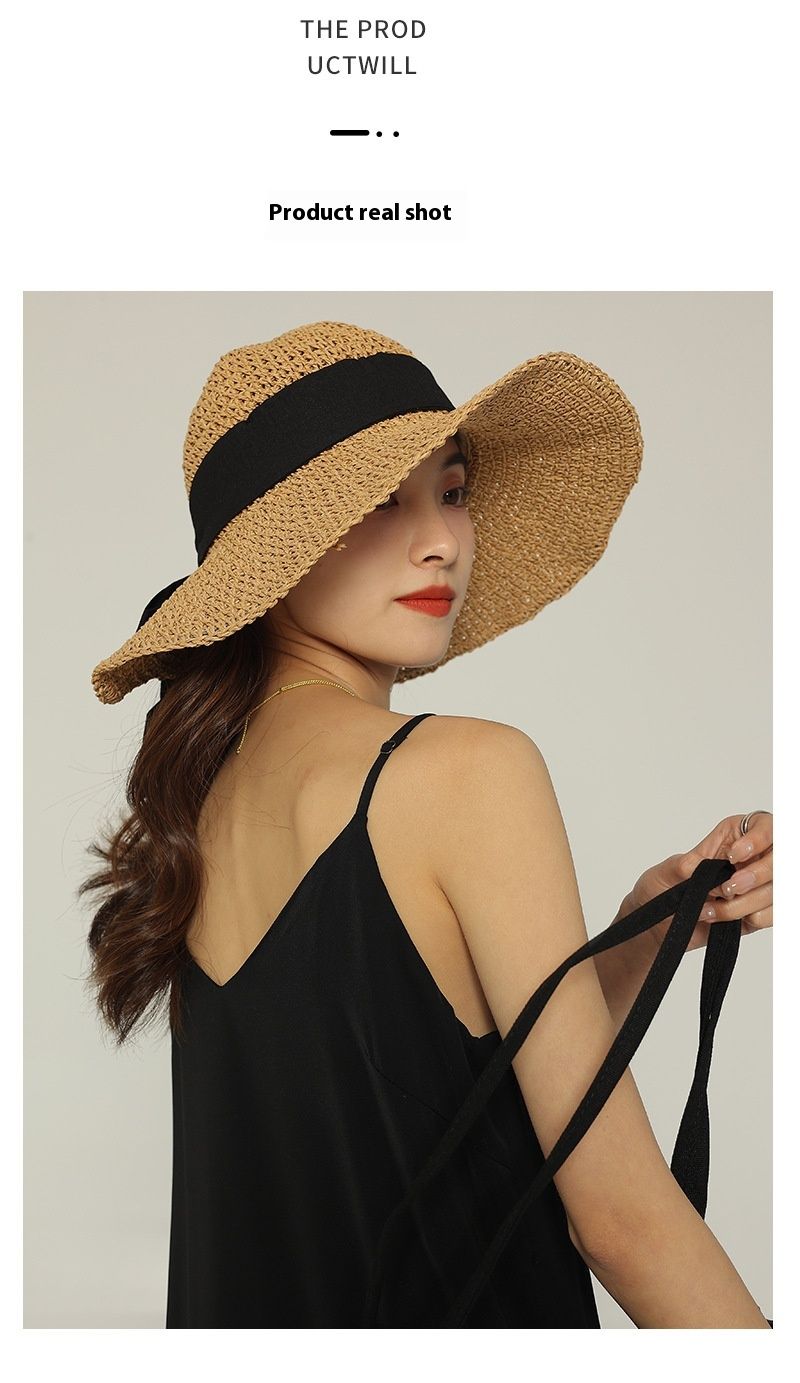 Instagram-Strohhut für Damen, Sommer, faltbarer Strandhut für Damen im Urlaub, Sonnenschutzhut mit Schleife, große Krempe, dünner, atmungsaktiver Strohhut_voghion.com