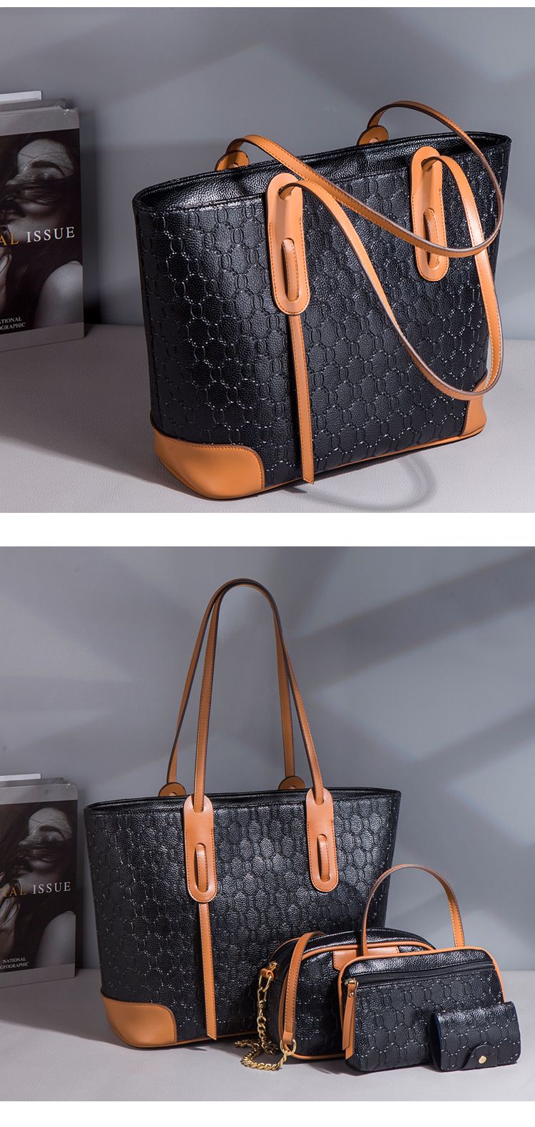 New embossed design large tote handbag fashionable trend shoulder crossbody bag large capacity three piece mother and child bag_voghion.com