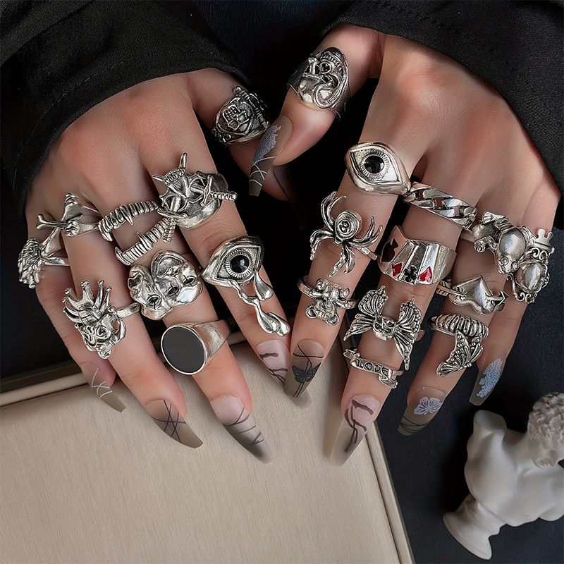 Hot Sales Hot Sales 24pc Gothic Ring Set Trendy Joker Devil Smile Face Pattern Zinc Alloy Mix And Match For Daily Outfit Party_voghion.com