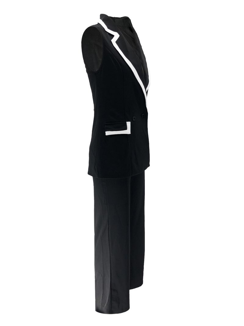 Damenbekleidung Mode Lässig Revers Schlank Ärmellos Hose Pendeln Zweiteiliger Anzug_voghion.com