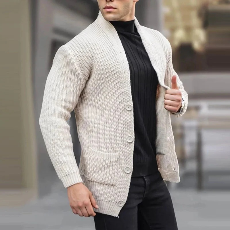 Herreklær Europeisk og amerikansk motekardigan Langermet løs ensfarget lommeknapp Slim fit Herregenser for høst og vinter_voghion.com