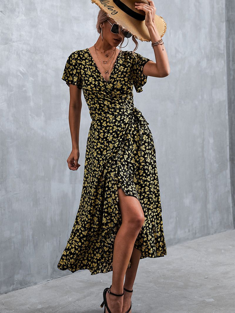 Frühling/Sommer 2022 Neues böhmisches, gekreuztes, geblümtes Kleid mit V-Ausschnitt und Schnürung_voghion.com