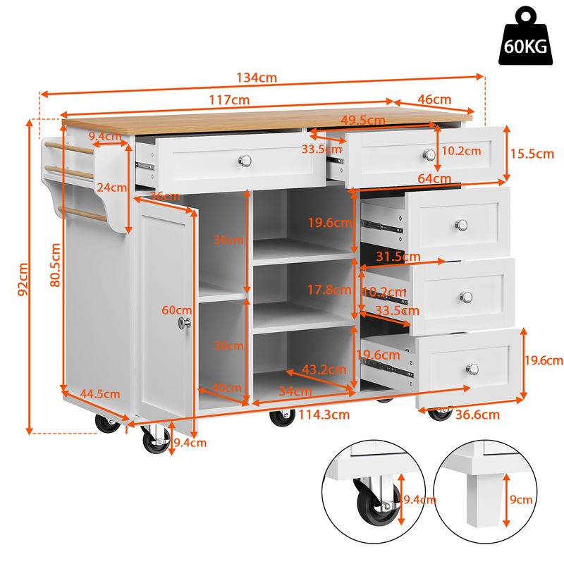 Speisewagen Weiß 134x92cm Mit Schubladen, Móviles Diseño para Cocina_voghion.com