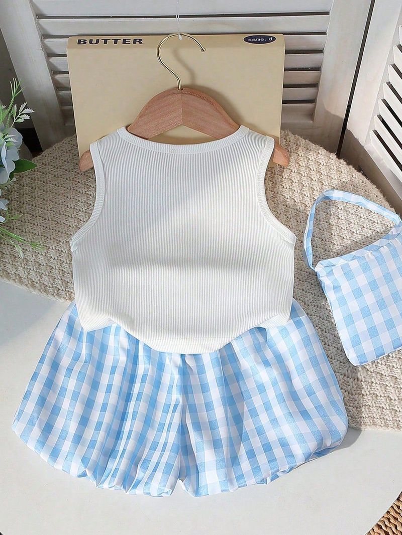 Ensemble 3 pièces pour bébé fille : gilet à nœud papillon, short bloomer vichy et mini sac – Tenue d'été douce et légère (6 mois à 3 ans, blanc)_voghion.com