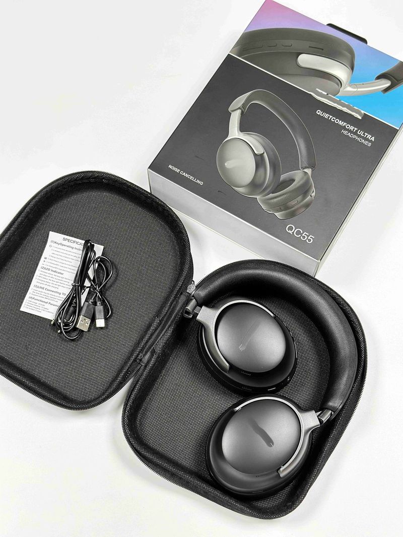 Nieuwe QC55 ULTRA Bluetooth 3D stereo hoofdtelefoon met katoenen band en leren tas QC65 draadloze oordopjes met ruisonderdrukking_voghion.com