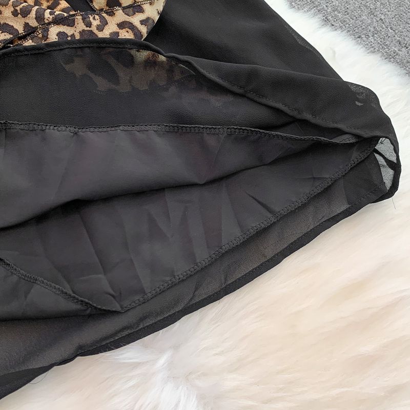Completo due pezzi da donna con stampa leopardata, aderente, a vita alta, con scollo rotondo, manica a sbuffo, motivo floreale tridimensionale e temperamento retrò_voghion.com