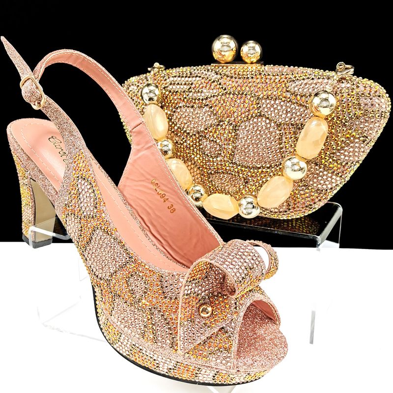 Women's shoe bag set leopard-print matching hot diamond open-toe high heels bag with bracelet_voghion.com