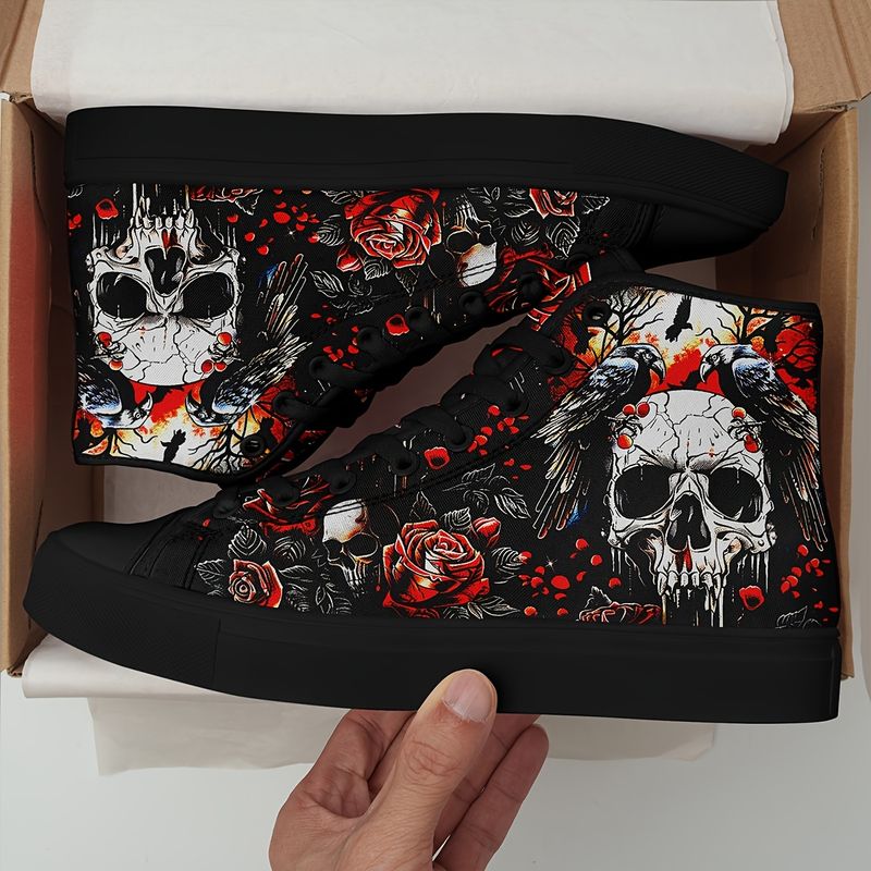Dark Crow pour femme - Baskets montantes légères à semelle souple avec motif rose rouge et résistantes, style squelette décontracté_voghion.com