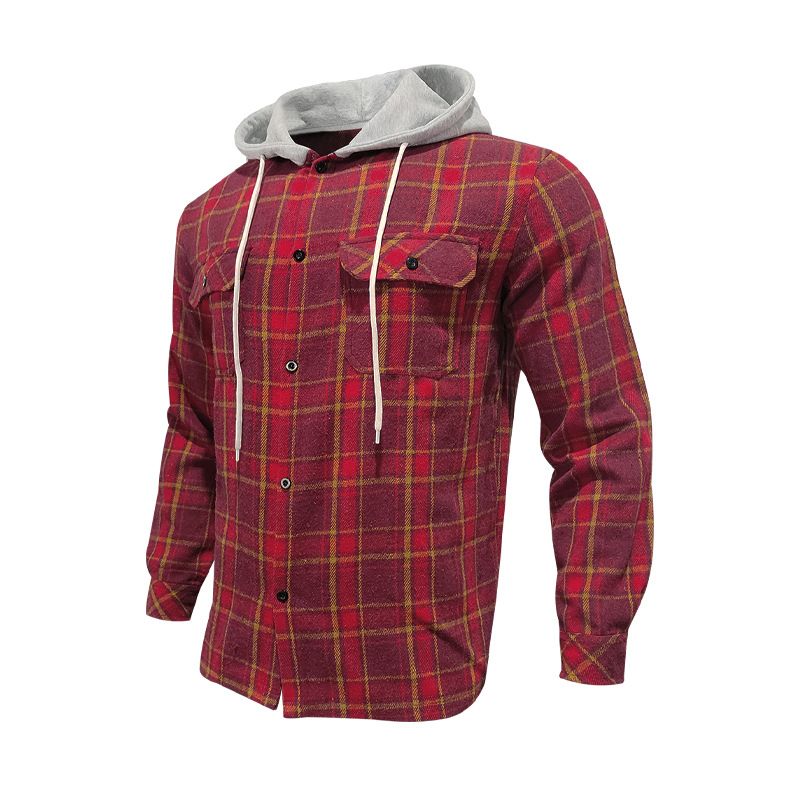 Camicia casual alla moda da uomo in stile americano, autunno inverno, con cappuccio, in flanella jacquard a quadri_voghion.com