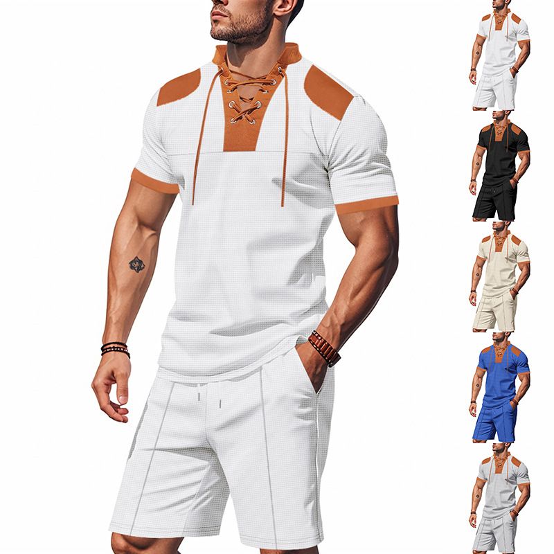Cross-border Independent Station American Summer Casual Men's Tether Loose Henry Western Denim Waffle Short Sleeve Suit_voghion.com